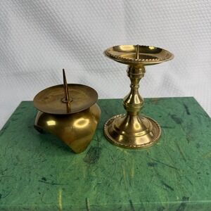 Vintage Solid Brass Pricket Candle Holder Set 2 Japan Gold MCM Pedestal Tripod